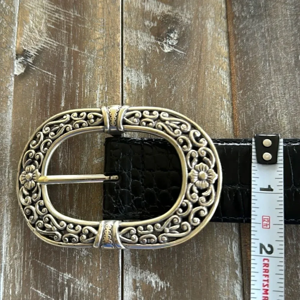 Croc Embossed Black Leather Belt Oval Ornate Silver Tone Buckle Women’s Size XL
